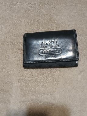 COACH Black Leather & Signature Compact Bifold Wallet with Signature Canvas Trim